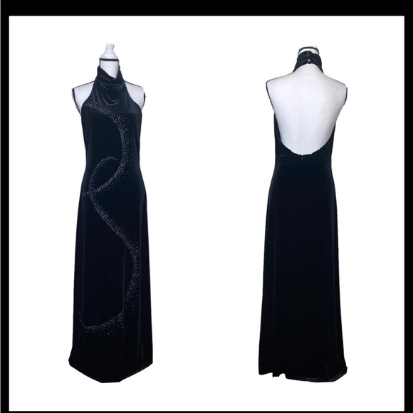Jessica McClintock Dresses & Skirts - Jessica McClintock Size 10 Black Velvet Maxi Prom Dress Halter Sequins Cowl